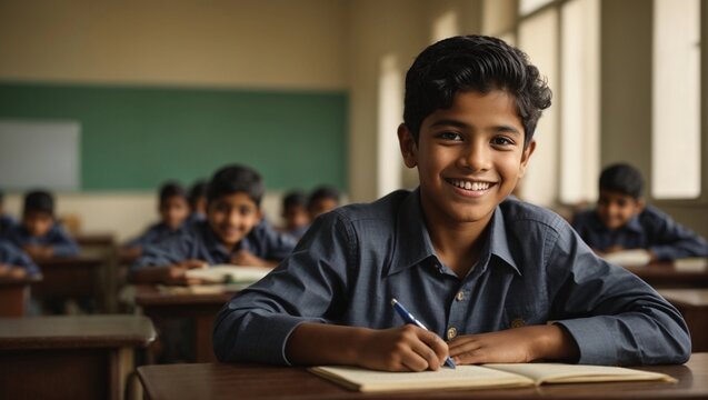 Smiling indian or arabian schoolboy sitting at desk at school classroom