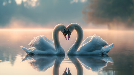 two beautiful swans on a lake shape heart with their long necks and kiss each other. romantic postal card. pc desktop wallpaper background, generative ai