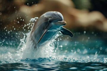 smiling dolphin in blue water, dolphin and human