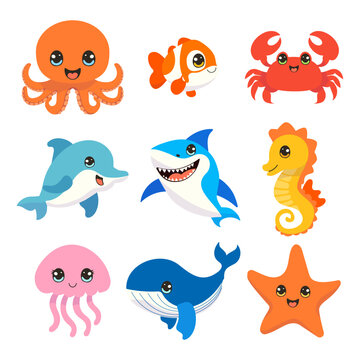 set of cartoon cute sea animals 