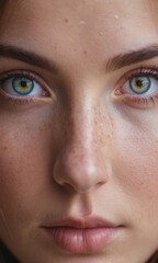 A young woman looks at the camera, close-up portrait of a beautiful girl. Natural skin color, heterochromia and freckles. Concept for natural makeup, cosmetics, lips, eyes.