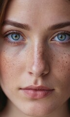 A young woman looks at the camera, close-up portrait of a beautiful girl. Natural skin color, heterochromia and freckles. Concept for natural makeup, cosmetics, lips, eyes.