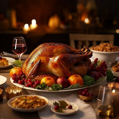 Baked Thanksgiving turkey standing on the holiday table created with Generative Ai