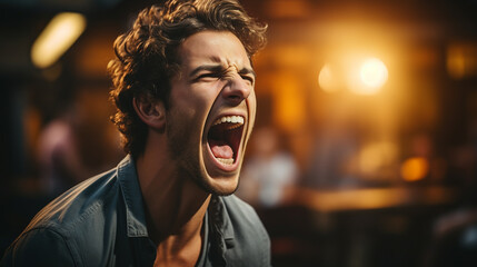 Angry man yelling, negative emotional feelings - obrazy, fototapety, plakaty