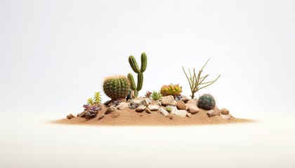 Tiny desert and cactus on white background