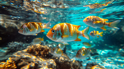 Naklejka premium Fish swimming in a ocean, Fish in the sea with clear water