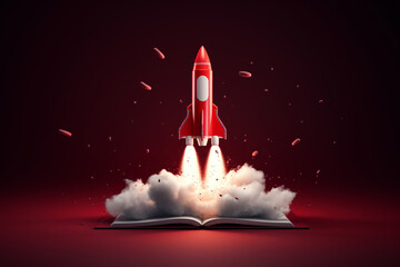 Rocket Taking Off From Open Book. A 3D Illustration of Imagination and Creativity