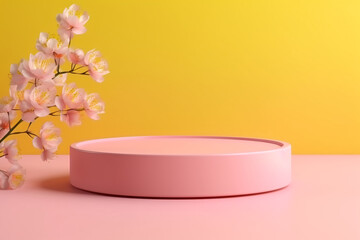 Pink Nature Podium with Flower. Minimal 3D Display for Beauty
