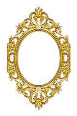 Blank golden baroque frame oval in shape - concept isolated on white for easy selection with central copy space