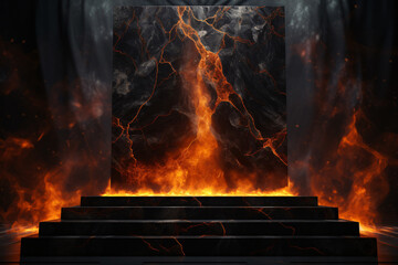 Black Marble Podium Surrounded by Blazing Flames, Fire, Pillar, Stairs