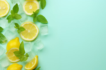 Creative Summer Lemonade Drink Composition with Lemon Slice, Mint Leaves, Soda Can, and Ice Cubes