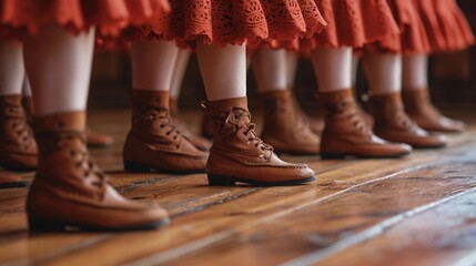 Close-up feet of Irish dancers in traditional shoes tapping against a wooden stage. AI Generated