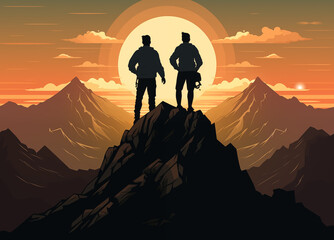 Illustration of silhouettes of two climbers reaching the top. Standing on top of a mountain in the silhouette of a sunset. AI generated.	
