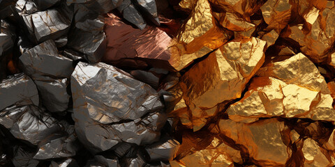 Shiny gold backdrop with abstract pattern, close up of metallic rock.