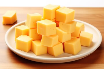 a pile of yellow cheese slices in the shape of a box on the table