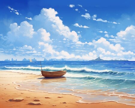 A coastal scene with a sandy beach, where gentle waves meet the shore, and a lone boat rests on the sand under the warm sunlight.