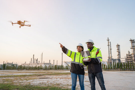 Drone operated by construction worker on building site. Engineer location use drone to fly inspections at industrial plant at sunset.
