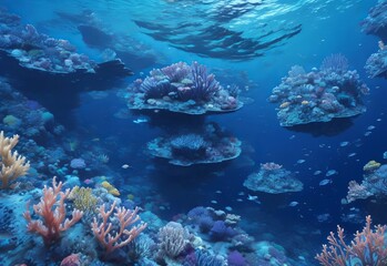 Obraz premium Blue fish swim deep in abstract reef generated