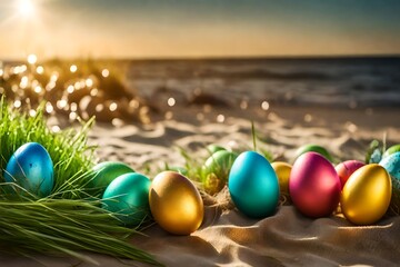 Easter eggs on the beach in sunlight