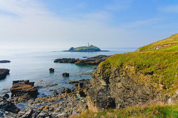 Obraz premium From the cliffs of Godrevy Point to Godrevy Island and lighthouse.