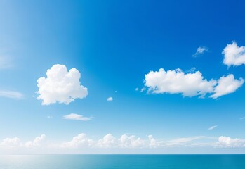 blue sea blue sky horizon with white cumulus