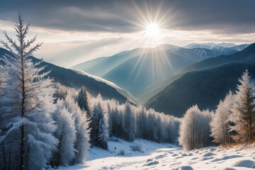 The sun shines brightly through the clouds over a frozen forest in a mountainous area with mountains in the background