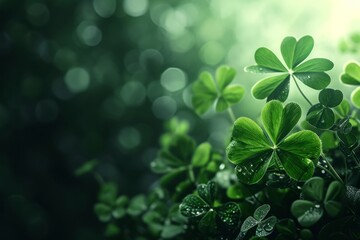 Clover leaves with water droplets on a blurred green background. St. Patrick's Day celebration, luck and fortune concept, copy space

