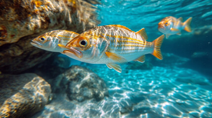 Naklejka premium Fish swimming in a ocean, Fish in the sea with clear water