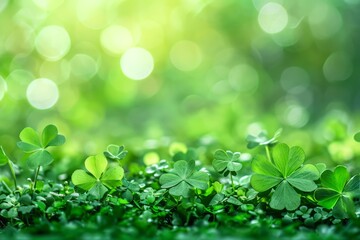 Clover leaves after rain on a blurred green background. St. Patrick's Day celebration, luck and fortune concept, copy space
