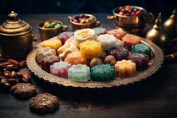 Ramadan food made from assorted middle eastern sweets maamoul, basbousa, awameh. Concept of celebration traditional arabic Eid al Adha, Eid al Fitr 
