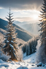 Fototapeta na wymiar The sun shines brightly through the clouds over a frozen forest in a mountainous area with mountains in the background