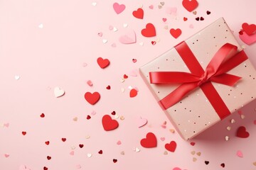 Pink gift box on a pink table with heart shaped confetti. Celebrating Valentine's Day, wedding, anniversary or birthday, love, flat layout, copi space, top view