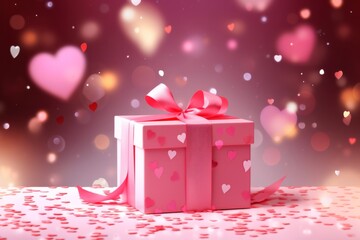 Pink gift box on a white table with falling heart shaped confetti. Celebrating Valentine's Day, wedding, anniversary or birthday, love, with copy space,