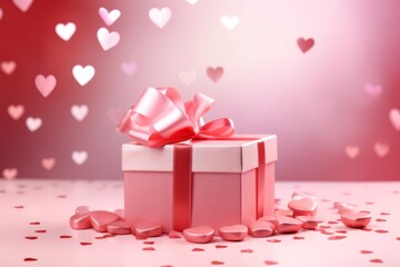 Pink gift box with a white lid on a white table with falling confetti in the shape of a heart. Celebrating Valentine's Day, wedding, anniversary or birthday, love, with copy space,