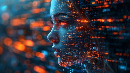 Profile of woman with technology in code - obrazy, fototapety, plakaty
