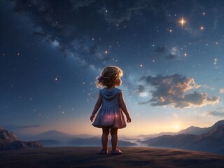 Kleines hübsches Mädchen steht auf einem Berg und schaut erstaunt in den Nachthimmel wo die Milchstraße zu sehen ist