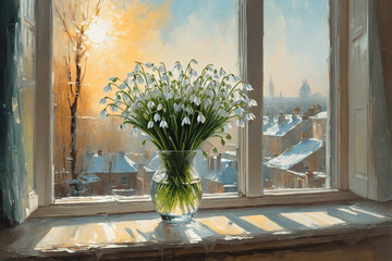 A large bouquet of snowdrops stands on the windowsill in a vase, behind it is early spring with snow. Warm spring rays of the sun penetrate the room with a bouquet of flowers. spring has come
