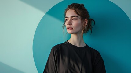 Very cool and handsome European female model with high class face, wearing loose black t-shirt with loose sleeves, on blue background. style, model full body wide angle photography