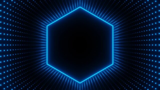 Blue neon hexagon frame with waves of dots loop animation