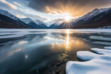The sun shines brightly through the clouds over a frozen lake in a mountainous area with mountains in the background