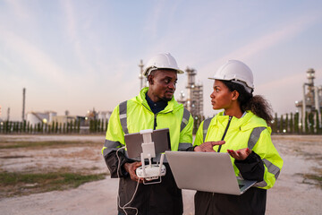 Mechanical engineer working and holding laptop to checking and inspection gas pipeline system new construction project of industrial.