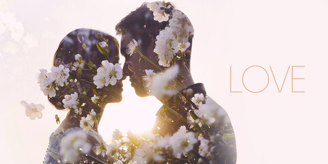 Valentine's Day. A couple's silhouette with cherry blossoms double exposure and backlighting, "LOVE" text.