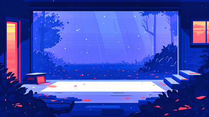 Cartoon Landscape Illustration: Nighttime Forest Scene with Vibrant Colors and Whimsical Design