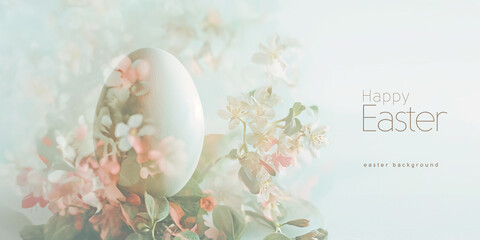 Happy Easter. Whimsical Easter backdrop with a white egg nestled in a bed of pastel flowers and "Happy Easter" text.