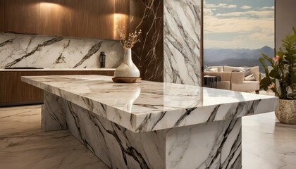 a 3D rendering of a modern interior scene featuring a countertop with a brown marble texture, emphasizing the seamless integration of the marble pattern into contemporary design.