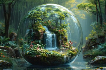 April Showers - A Glass Bubble World with Waterfall and Trees Generative AI