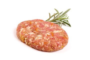 Minced meat patties, isolated on white background.