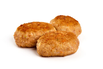 Homemade fried pork cutlets in breadcrumbs, meatballs from minced meat, isolated on white...