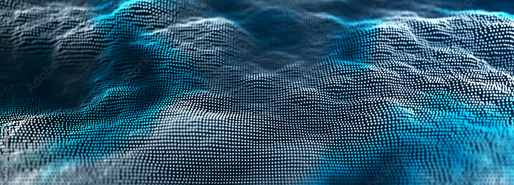 Poster Abstract blue background of points. Wave of particles. Falling cyber particles. Big data stream. 3d rendering
