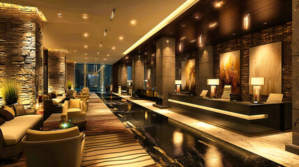 Hotel Lobby Interior: Modern Design with Elegant Furniture and Luxurious Decor, Symbolizing Hospitality
